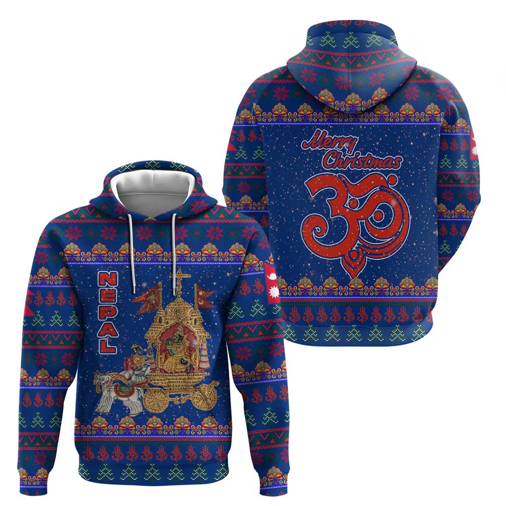 Nepal Christmas Hoodie with Blue-Red Pattern, Hindu Chariot Scene, and Om Symbol Motif - Wonder Print Shop