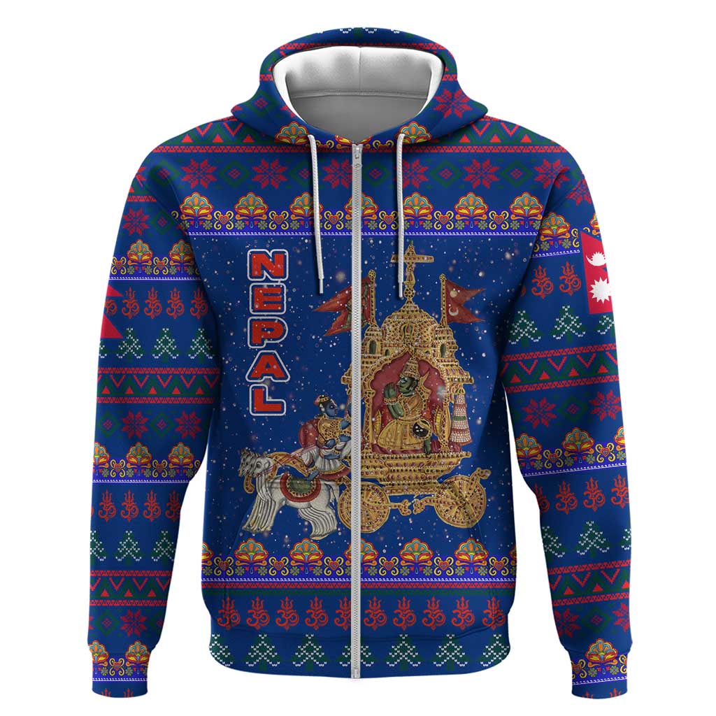 Nepal Christmas Hoodie with Blue-Red Pattern, Hindu Chariot Scene, and Om Symbol Motif - Wonder Print Shop