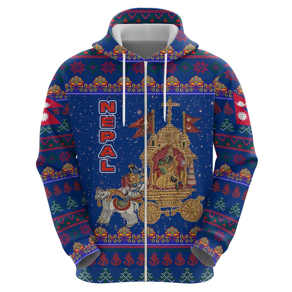 Nepal Christmas Hoodie with Blue-Red Pattern, Hindu Chariot Scene, and Om Symbol Motif - Wonder Print Shop