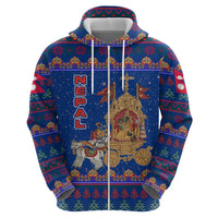 Nepal Christmas Hoodie with Blue-Red Pattern, Hindu Chariot Scene, and Om Symbol Motif - Wonder Print Shop