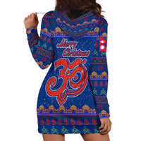 Nepal Christmas Hoodie Dress with Blue-Red Pattern, Hindu Chariot Scene, and Om Symbol Motif - Wonder Print Shop