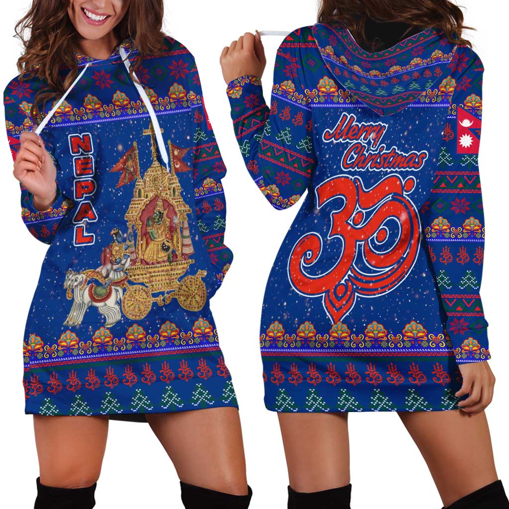 Nepal Christmas Hoodie Dress with Blue-Red Pattern, Hindu Chariot Scene, and Om Symbol Motif - Wonder Print Shop
