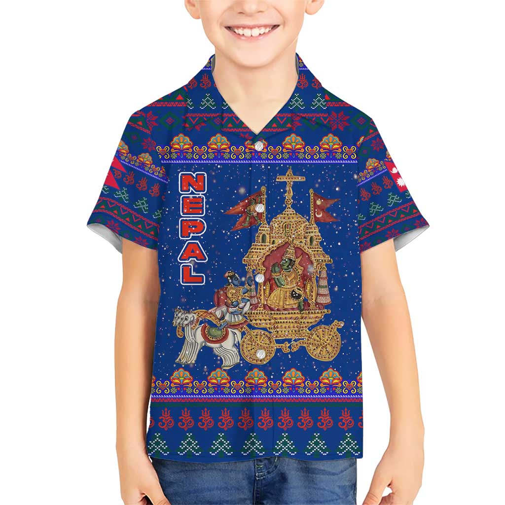 Nepal Christmas Kid Hawaiian Shirt with Blue-Red Pattern, Hindu Chariot Scene, and Om Symbol Motif - Wonder Print Shop