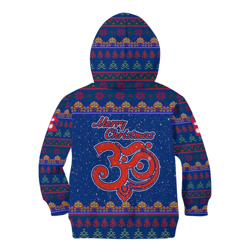 Nepal Christmas Kid Hoodie with Blue-Red Pattern, Hindu Chariot Scene, and Om Symbol Motif - Wonder Print Shop