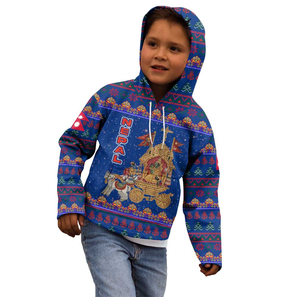 Nepal Christmas Kid Hoodie with Blue-Red Pattern, Hindu Chariot Scene, and Om Symbol Motif - Wonder Print Shop