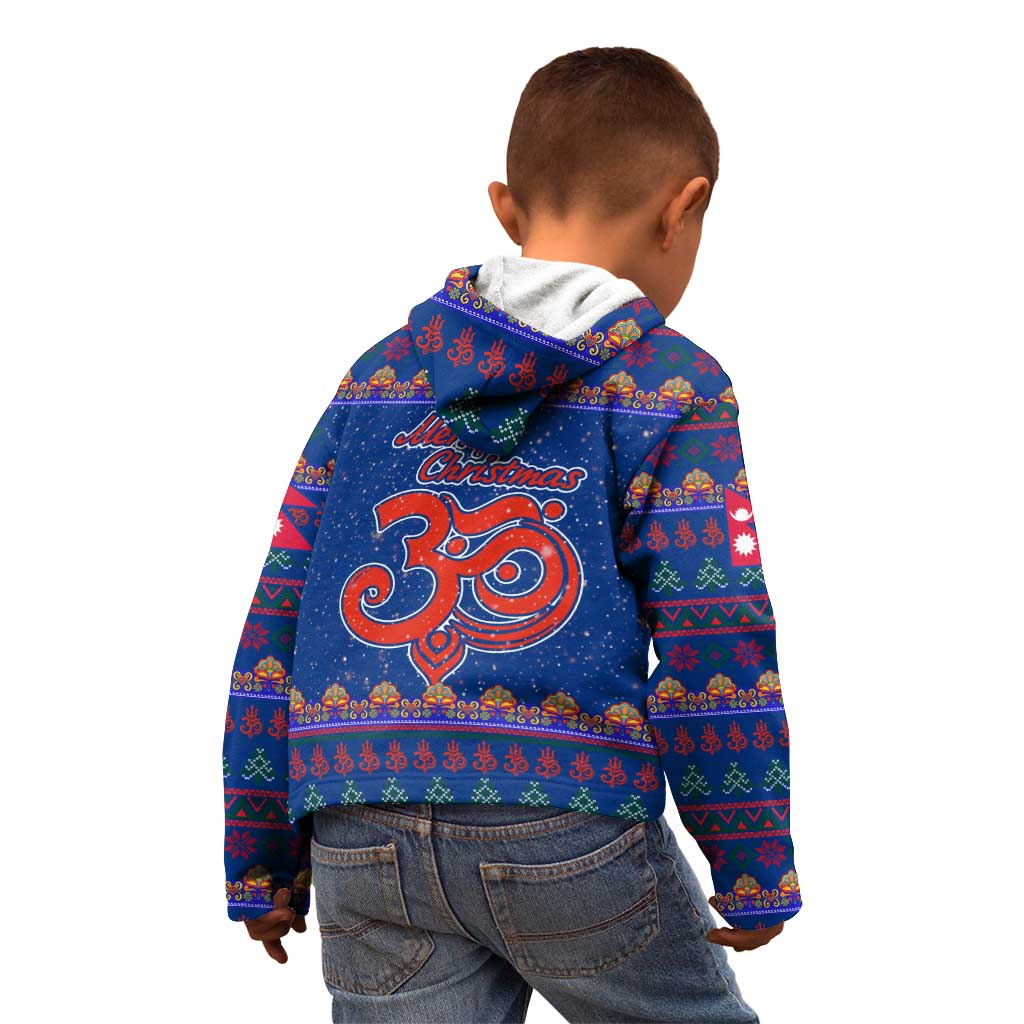 Nepal Christmas Kid Hoodie with Blue-Red Pattern, Hindu Chariot Scene, and Om Symbol Motif - Wonder Print Shop