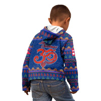 Nepal Christmas Kid Hoodie with Blue-Red Pattern, Hindu Chariot Scene, and Om Symbol Motif - Wonder Print Shop