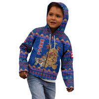 Nepal Christmas Kid Hoodie with Blue-Red Pattern, Hindu Chariot Scene, and Om Symbol Motif - Wonder Print Shop