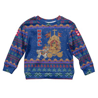 Nepal Christmas Kid Ugly Christmas Sweater with Blue-Red Pattern, Hindu Chariot Scene, and Om Symbol Motif - Wonder Print Shop