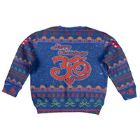 Nepal Christmas Kid Ugly Christmas Sweater with Blue-Red Pattern, Hindu Chariot Scene, and Om Symbol Motif - Wonder Print Shop