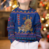 Nepal Christmas Kid Ugly Christmas Sweater with Blue-Red Pattern, Hindu Chariot Scene, and Om Symbol Motif - Wonder Print Shop