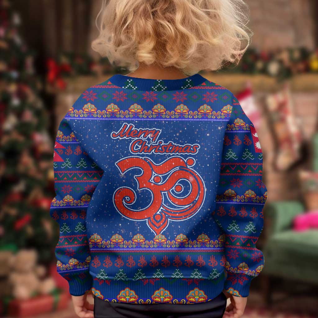 Nepal Christmas Kid Ugly Christmas Sweater with Blue-Red Pattern, Hindu Chariot Scene, and Om Symbol Motif - Wonder Print Shop