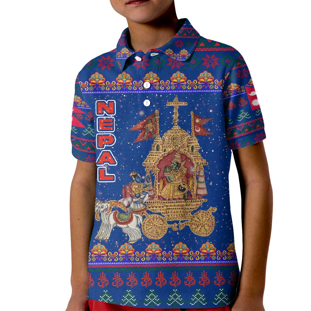 Nepal Christmas Kid Polo Shirt with Blue-Red Pattern, Hindu Chariot Scene, and Om Symbol Motif - Wonder Print Shop