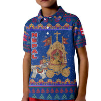 Nepal Christmas Kid Polo Shirt with Blue-Red Pattern, Hindu Chariot Scene, and Om Symbol Motif - Wonder Print Shop
