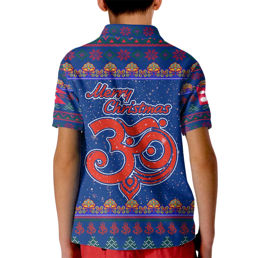 Nepal Christmas Kid Polo Shirt with Blue-Red Pattern, Hindu Chariot Scene, and Om Symbol Motif - Wonder Print Shop