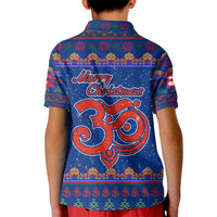 Nepal Christmas Kid Polo Shirt with Blue-Red Pattern, Hindu Chariot Scene, and Om Symbol Motif - Wonder Print Shop