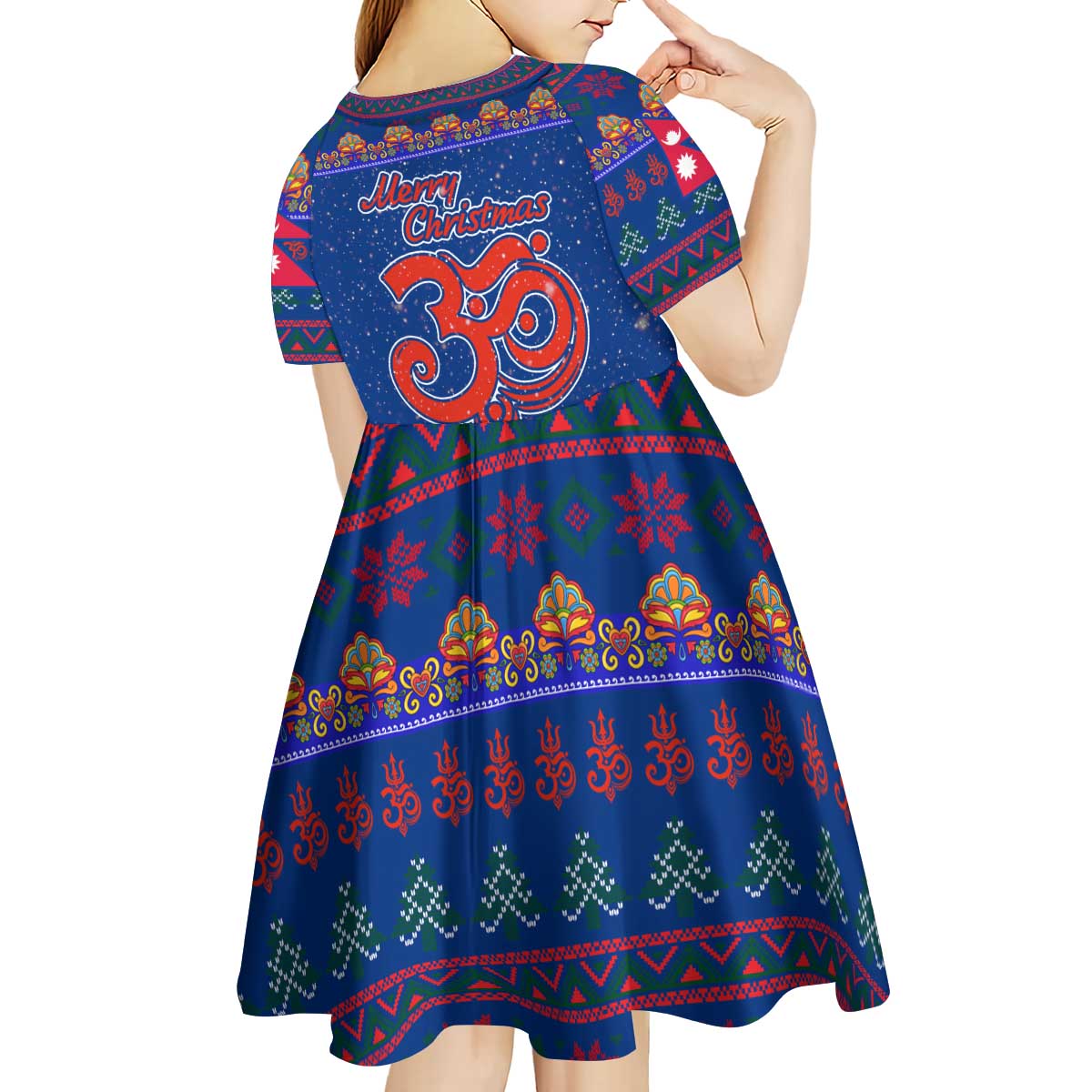 Nepal Christmas Kid Short Sleeve Dress with Blue-Red Pattern, Hindu Chariot Scene, and Om Symbol Motif - Wonder Print Shop
