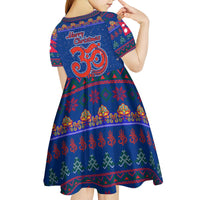 Nepal Christmas Kid Short Sleeve Dress with Blue-Red Pattern, Hindu Chariot Scene, and Om Symbol Motif - Wonder Print Shop