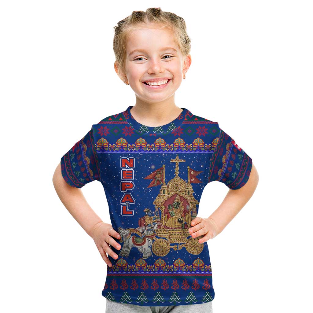 Nepal Christmas Kid T Shirt with Blue-Red Pattern, Hindu Chariot Scene, and Om Symbol Motif - Wonder Print Shop