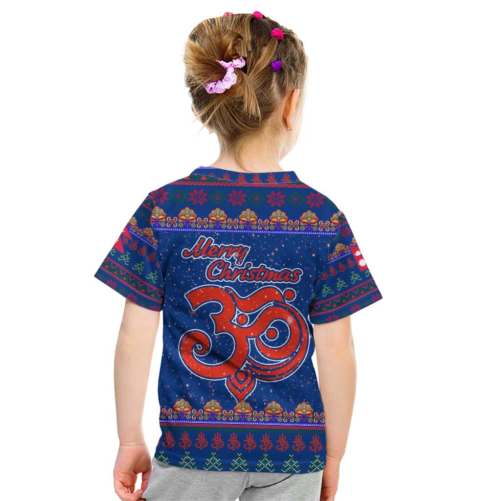 Nepal Christmas Kid T Shirt with Blue-Red Pattern, Hindu Chariot Scene, and Om Symbol Motif - Wonder Print Shop
