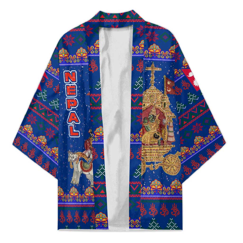 Nepal Christmas Kimono with Blue-Red Pattern, Hindu Chariot Scene, and Om Symbol Motif - Wonder Print Shop