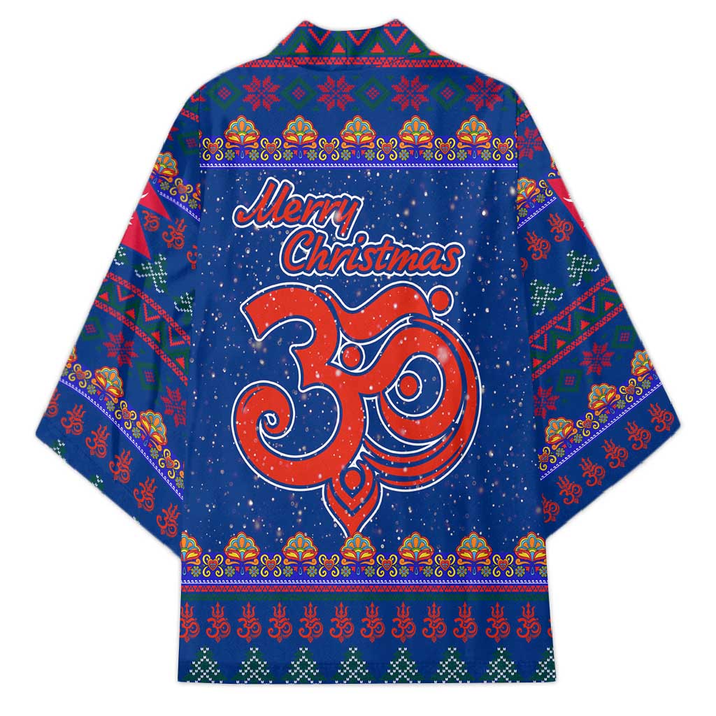 Nepal Christmas Kimono with Blue-Red Pattern, Hindu Chariot Scene, and Om Symbol Motif - Wonder Print Shop