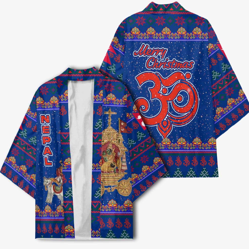 Nepal Christmas Kimono with Blue-Red Pattern, Hindu Chariot Scene, and Om Symbol Motif - Wonder Print Shop