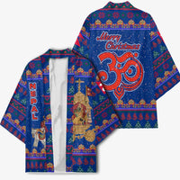 Nepal Christmas Kimono with Blue-Red Pattern, Hindu Chariot Scene, and Om Symbol Motif - Wonder Print Shop