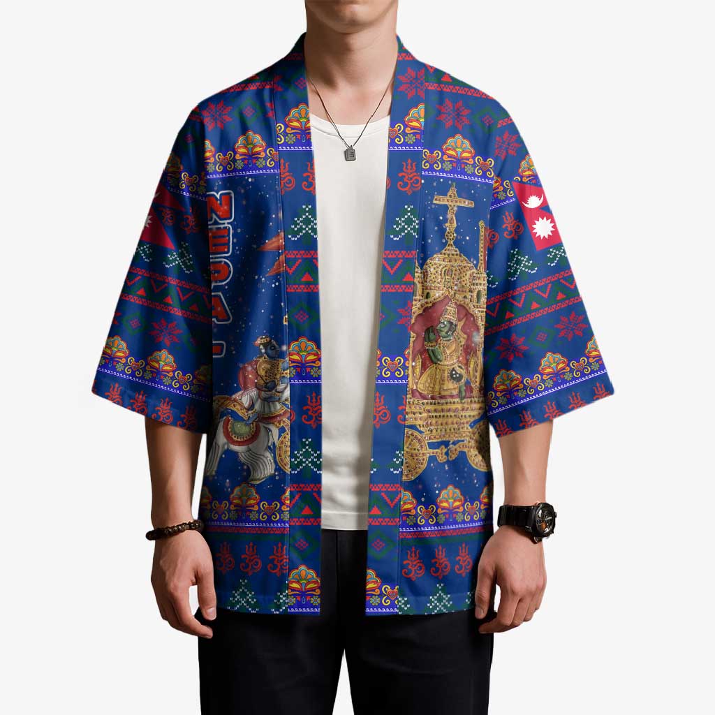 Nepal Christmas Kimono with Blue-Red Pattern, Hindu Chariot Scene, and Om Symbol Motif - Wonder Print Shop