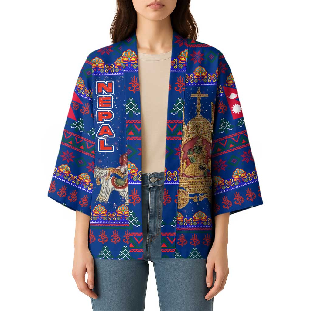Nepal Christmas Kimono with Blue-Red Pattern, Hindu Chariot Scene, and Om Symbol Motif - Wonder Print Shop