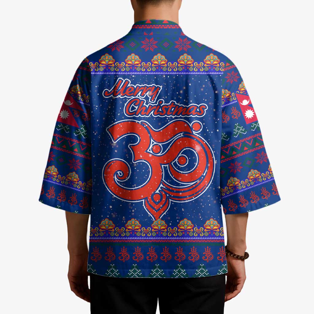 Nepal Christmas Kimono with Blue-Red Pattern, Hindu Chariot Scene, and Om Symbol Motif - Wonder Print Shop