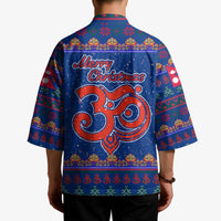 Nepal Christmas Kimono with Blue-Red Pattern, Hindu Chariot Scene, and Om Symbol Motif - Wonder Print Shop