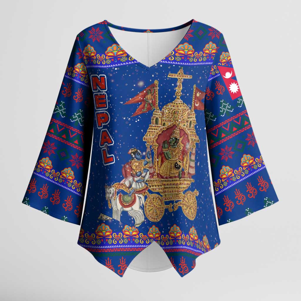 Nepal Christmas Kimono Sleeve Blouse with Blue-Red Pattern, Hindu Chariot Scene, and Om Symbol Motif - Wonder Print Shop