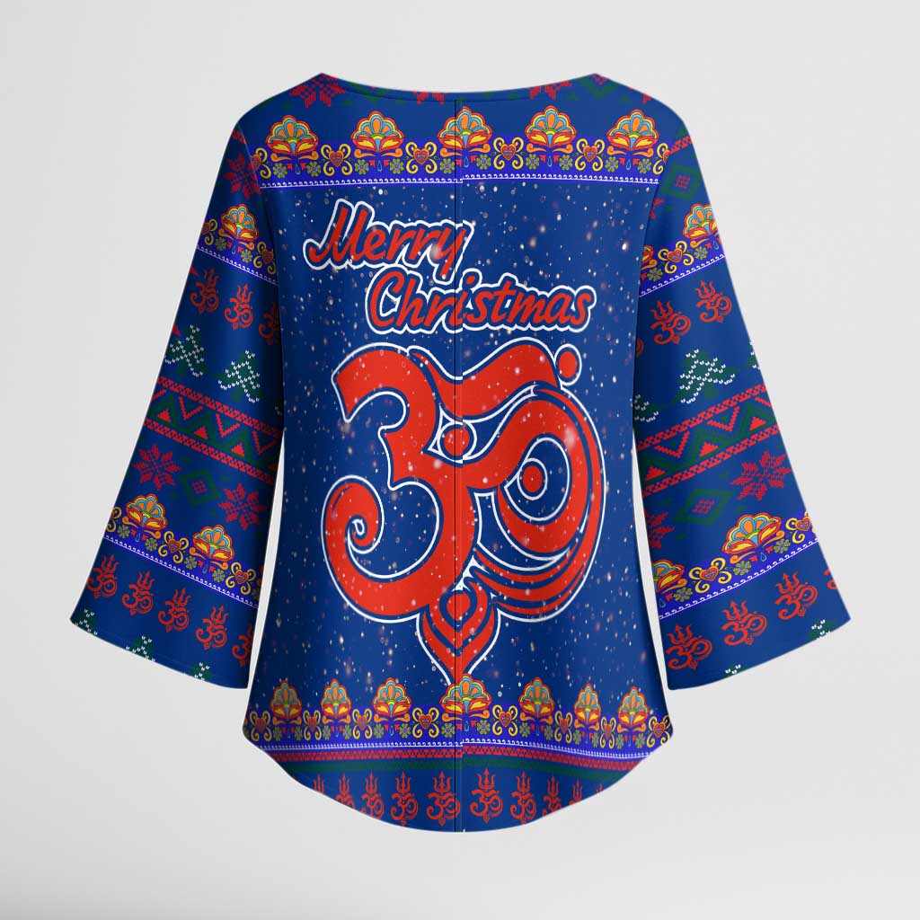 Nepal Christmas Kimono Sleeve Blouse with Blue-Red Pattern, Hindu Chariot Scene, and Om Symbol Motif - Wonder Print Shop