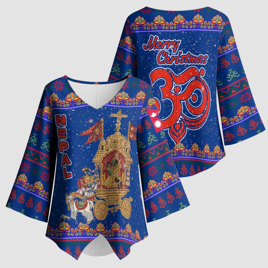 Nepal Christmas Kimono Sleeve Blouse with Blue-Red Pattern, Hindu Chariot Scene, and Om Symbol Motif - Wonder Print Shop