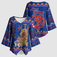 Nepal Christmas Kimono Sleeve Blouse with Blue-Red Pattern, Hindu Chariot Scene, and Om Symbol Motif - Wonder Print Shop