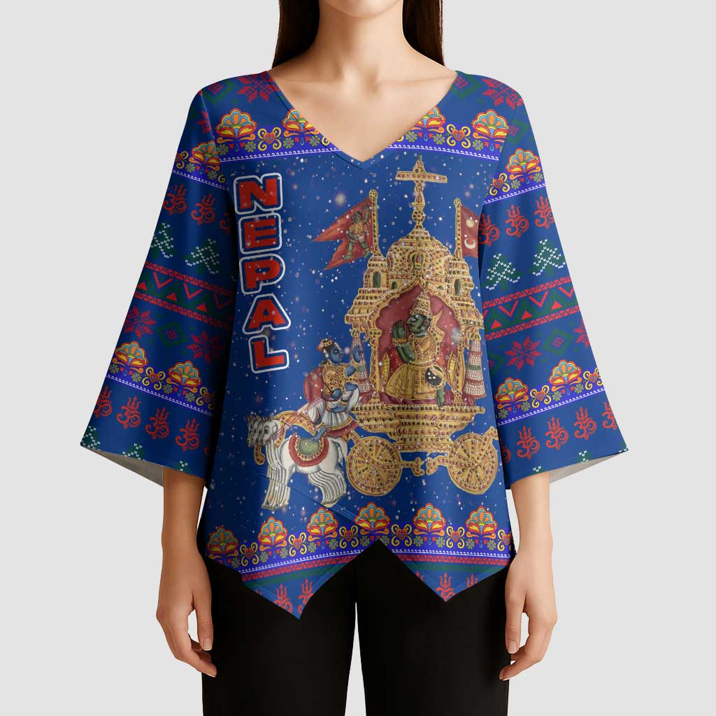 Nepal Christmas Kimono Sleeve Blouse with Blue-Red Pattern, Hindu Chariot Scene, and Om Symbol Motif - Wonder Print Shop