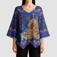 Nepal Christmas Kimono Sleeve Blouse with Blue-Red Pattern, Hindu Chariot Scene, and Om Symbol Motif - Wonder Print Shop