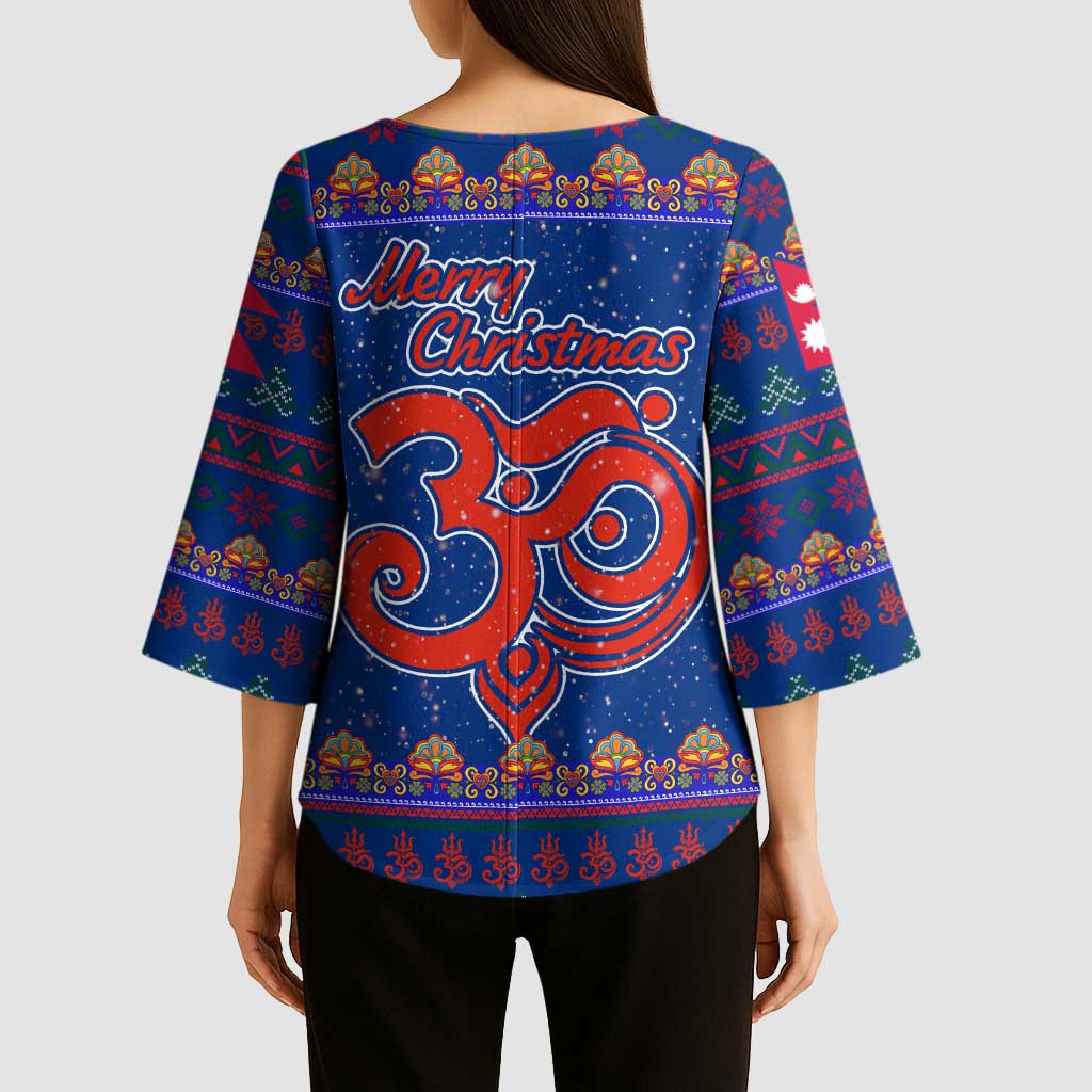 Nepal Christmas Kimono Sleeve Blouse with Blue-Red Pattern, Hindu Chariot Scene, and Om Symbol Motif - Wonder Print Shop