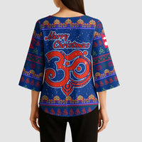 Nepal Christmas Kimono Sleeve Blouse with Blue-Red Pattern, Hindu Chariot Scene, and Om Symbol Motif - Wonder Print Shop