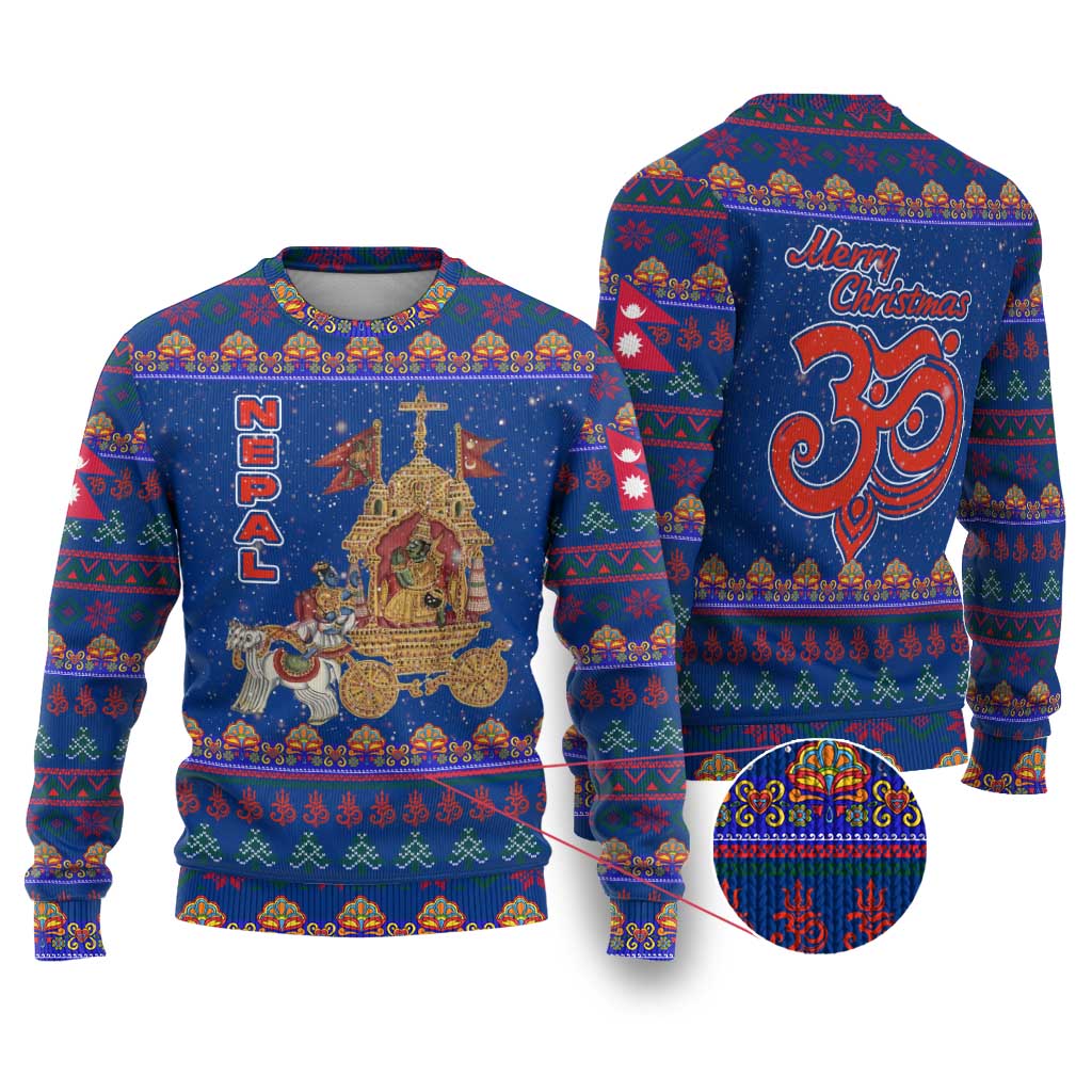Nepal Christmas Ugly Christmas Sweater with Blue-Red Pattern, Hindu Chariot Scene, and Om Symbol Motif - Wonder Print Shop