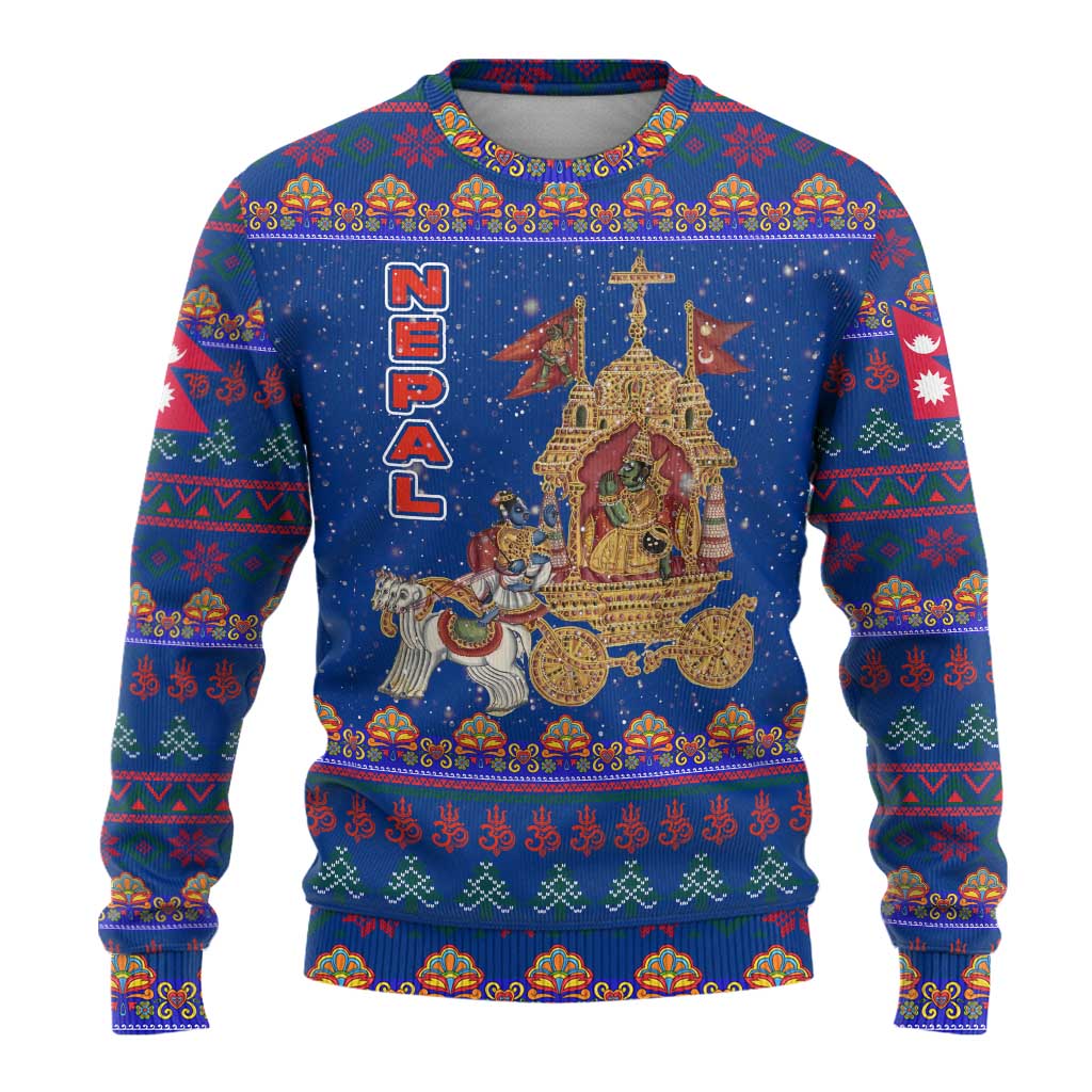 Nepal Christmas Ugly Christmas Sweater with Blue-Red Pattern, Hindu Chariot Scene, and Om Symbol Motif - Wonder Print Shop
