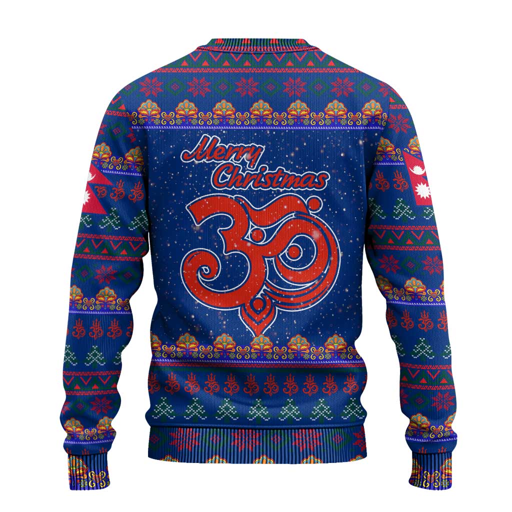 Nepal Christmas Ugly Christmas Sweater with Blue-Red Pattern, Hindu Chariot Scene, and Om Symbol Motif - Wonder Print Shop