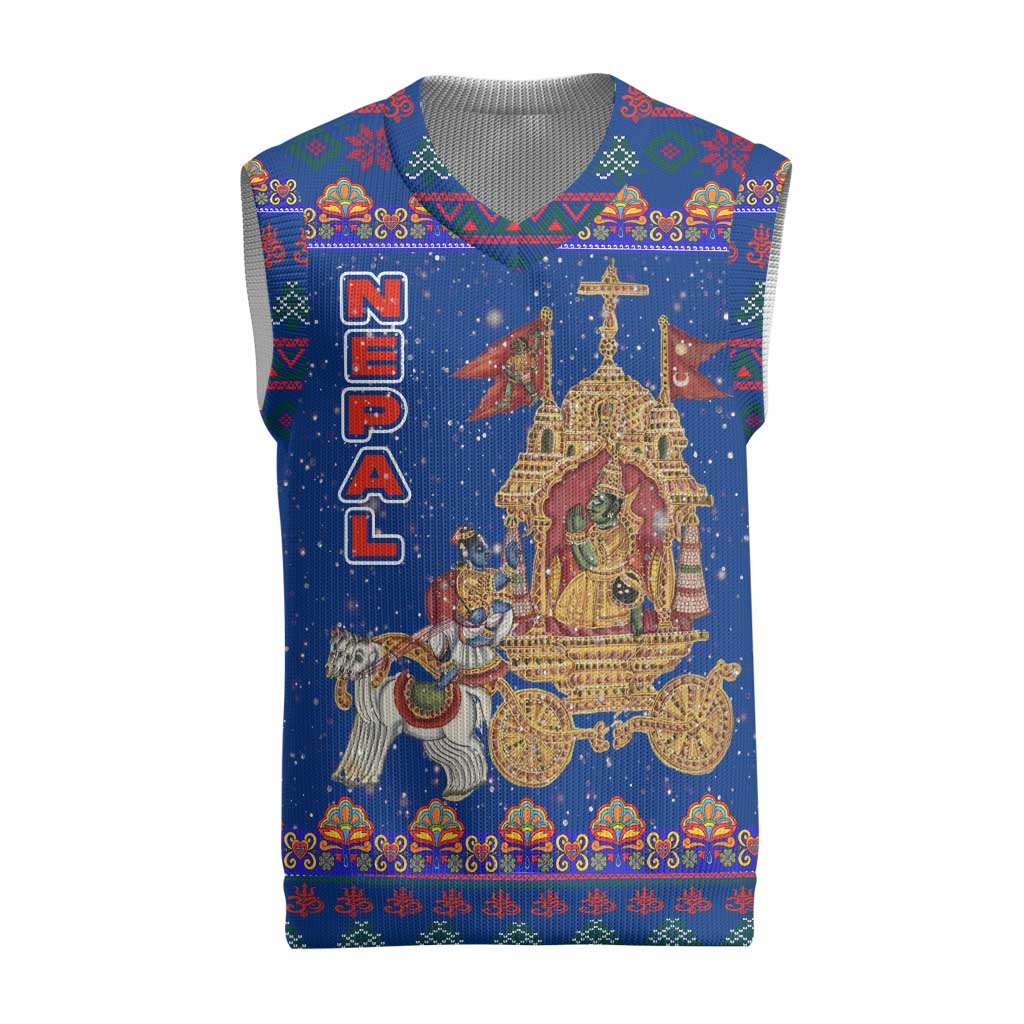 Nepal Christmas Knitted V-Neck Vest with Blue-Red Pattern, Hindu Chariot Scene, and Om Symbol Motif - Wonder Print Shop