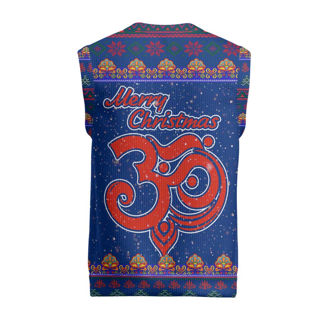 Nepal Christmas Knitted V-Neck Vest with Blue-Red Pattern, Hindu Chariot Scene, and Om Symbol Motif - Wonder Print Shop