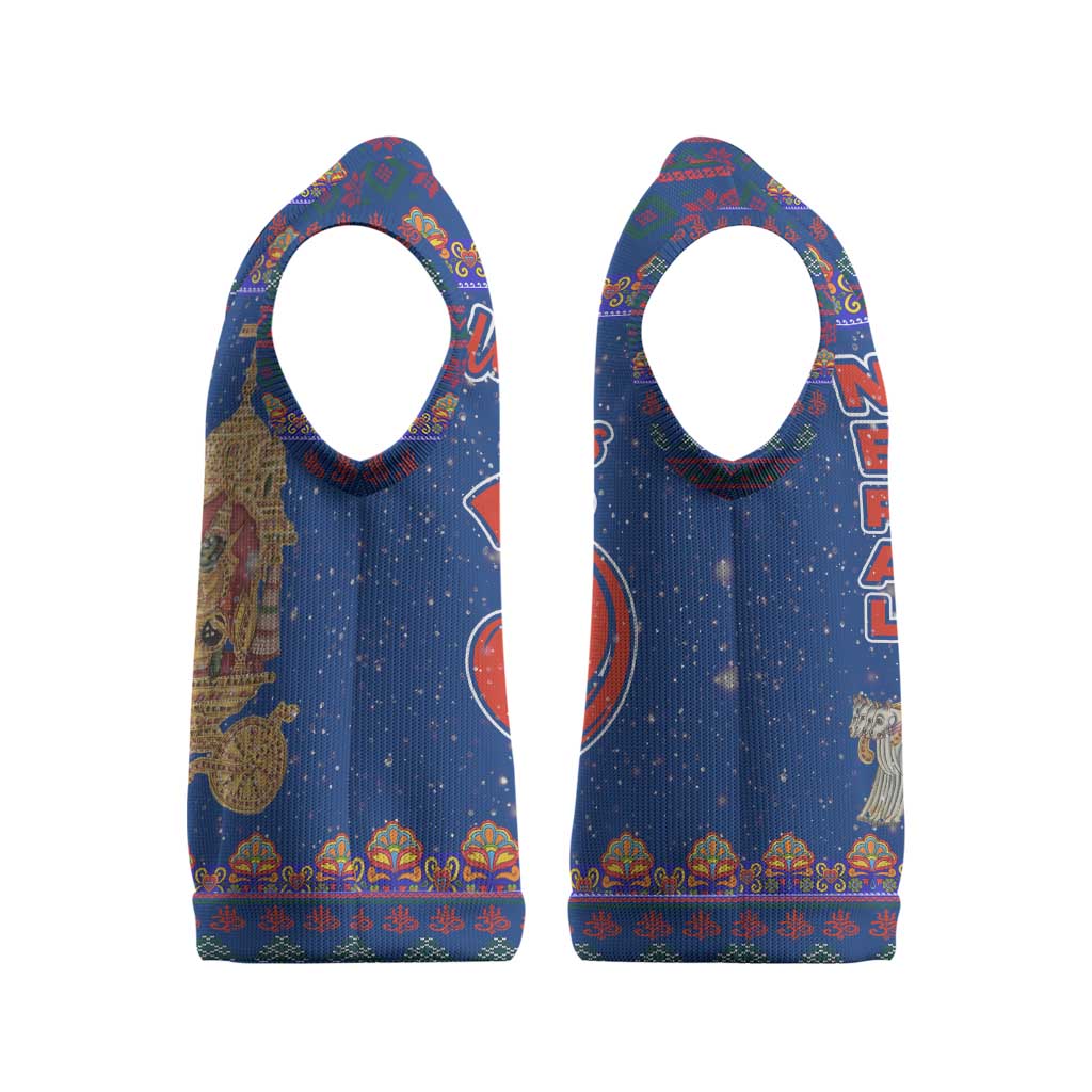 Nepal Christmas Knitted V-Neck Vest with Blue-Red Pattern, Hindu Chariot Scene, and Om Symbol Motif - Wonder Print Shop