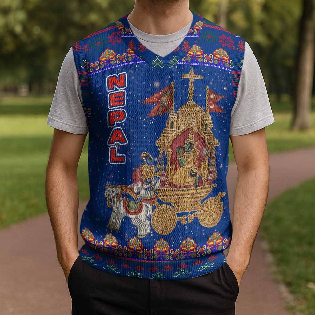 Nepal Christmas Knitted V-Neck Vest with Blue-Red Pattern, Hindu Chariot Scene, and Om Symbol Motif - Wonder Print Shop
