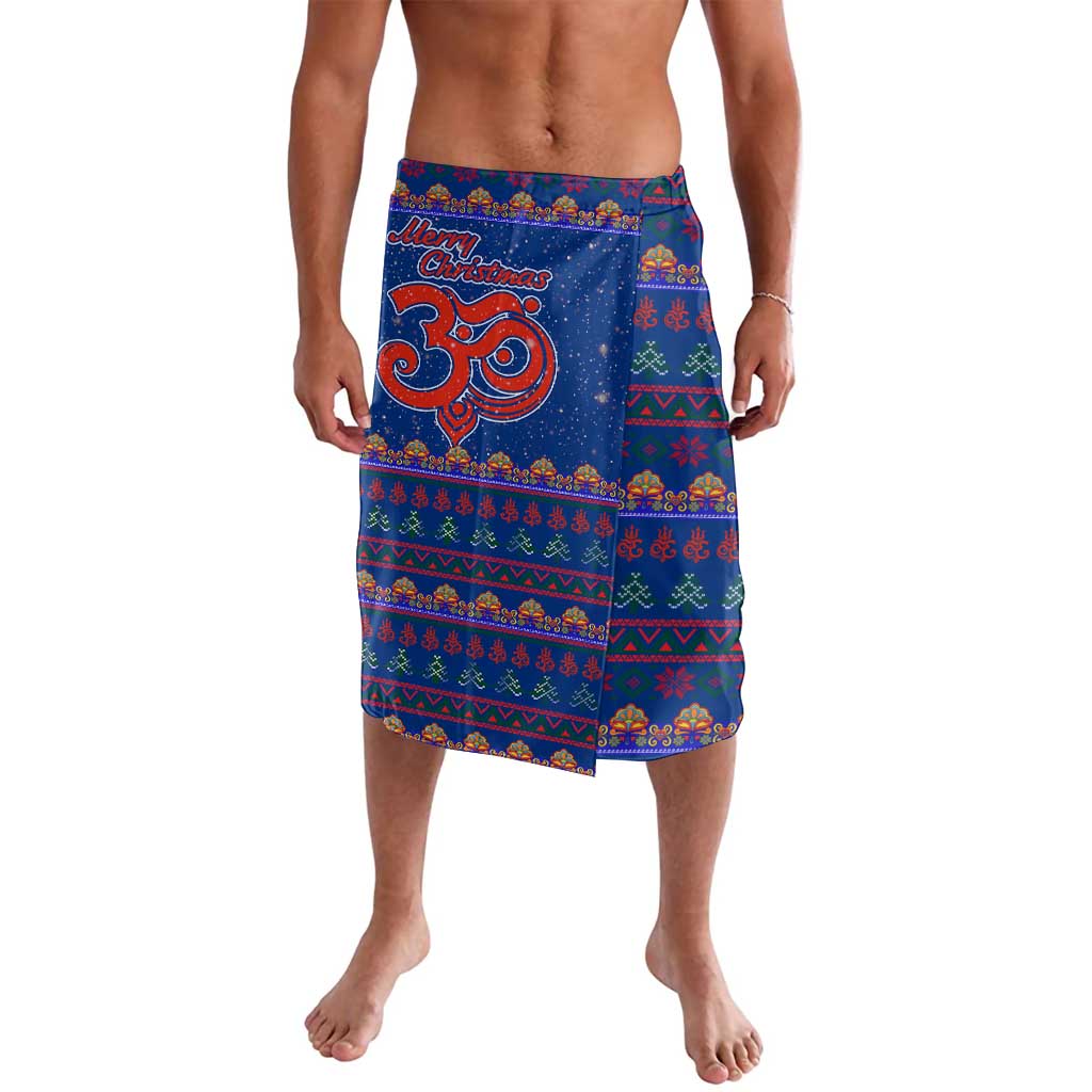 Nepal Christmas Lavalava with Blue-Red Pattern, Hindu Chariot Scene, and Om Symbol Motif - Wonder Print Shop