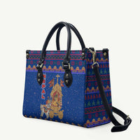 Nepal Christmas Leather Bag with Blue-Red Pattern, Hindu Chariot Scene, and Om Symbol Motif - Wonder Print Shop