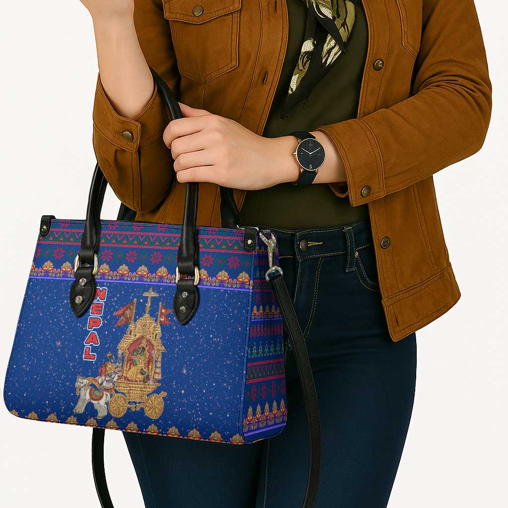 Nepal Christmas Leather Bag with Blue-Red Pattern, Hindu Chariot Scene, and Om Symbol Motif - Wonder Print Shop